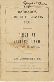 BARBADOS CRICKET SEASON 1933 (FIXTURE CARD)