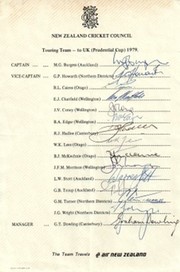 NEW ZEALAND IN CRICKET WORLD CUP 1979 (OFFICIAL SIGNED TEAM SHEET)