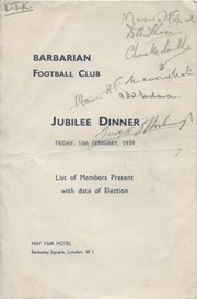 BARBARIANS JUBILEE DINNER 1939 RUGBY MENU CARD