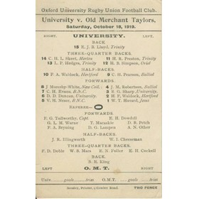 OXFORD UNIVERSITY V OLD MERCHANT TAYLORS 1919 RUGBY PROGRAMME