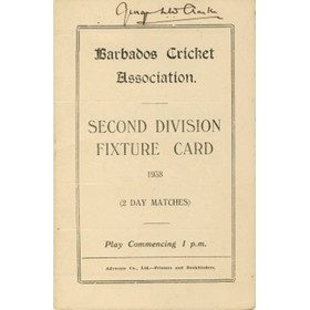 BARBADOS CRICKET SEASON 1938 (2ND DIVISION FIXTURE CARD)