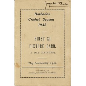 BARBADOS CRICKET SEASON 1932 (FIXTURE CARD)