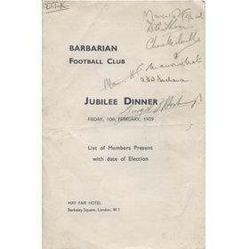 BARBARIANS JUBILEE DINNER 1939 RUGBY MENU CARD