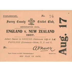 ENGLAND V NEW ZEALAND 1937 (THE OVAL) COMPLIMENTARY TICKETS