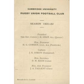 CAMBRIDGE UNIVERSITY RUGBY CLUB 1931-32 FIXTURE CARD