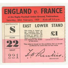 ENGLAND V FRANCE 1959 RUGBY TICKET