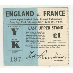 ENGLAND V FRANCE 1957 RUGBY TICKET