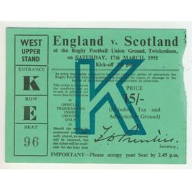 ENGLAND V SCOTLAND 1951 RUGBY TICKET