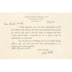 JACK HOBBS 1953 - SIGNED CARD RELATING TO HIS KNIGHTHOOD