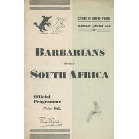 BARBARIANS V SOUTH AFRICA 1952 RUGBY PROGRAMME