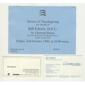BILL EDRICH (MIDDLESEX & ENGLAND) BUSINESS CARDS AND TICKET TO SERVICE OF THANKSGIVING