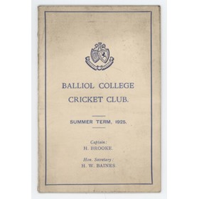 BALLIOL COLLEGE CRICKET CLUB FIXTURE CARD 1925 - THE PROPERTY OF HENRY BROOKE