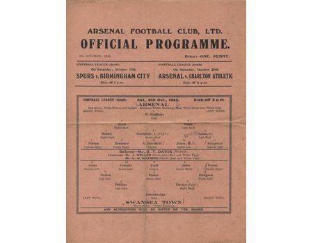 ARSENAL V SWANSEA TOWN 1945-46 FOOTBALL PROGRAMME