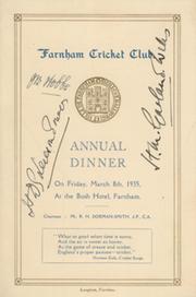 FARNHAM CRICKET CLUB 1935 SIGNED MENU (SIGNED BY HOBBS)