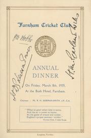 FARNHAM CRICKET CLUB 1935 SIGNED MENU (SIGNED BY HOBBS ETC.)