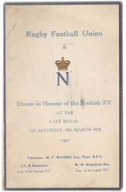 ENGLAND V SCOTLAND 1924 (ENGLAND GRAND SLAM) RUGBY DINNER MENU