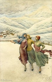 THREE WOMEN SKATING ON A LAKE WITH MOUNTAINS BEHIND (postcard)