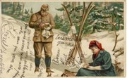 TWO SKIIERS STOPPING FOR REFRESHMENTS (BELGIUM) postcard