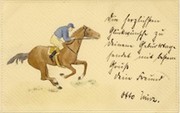 JOCKEY IN BLUE COLOURS ON HORSE (GERMANY)