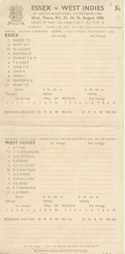 ESSEX V WEST INDIES 1950 CRICKET SCORECARD