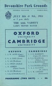 OXFORD UNIVERSITY V CAMBRIDGE UNIVERSITY 1954 VARSITY LAWN TENNIS PROGRAMME