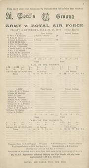 ARMY V ROYAL AIR FORCE 1946 CRICKET SCORECARD