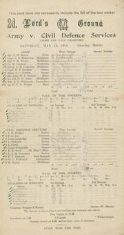 ARMY V CIVIL DEFENCE SERVICES 1944 CRICKET SCORECARD