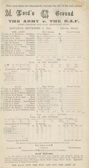 THE ARMY V THE R.A.F. 1942 CRICKET SCORECARD