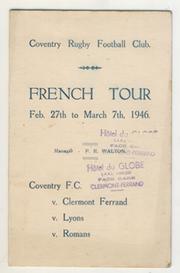 COVENTRY R.F.C. TOUR OF FRANCE 1946 SIGNED ITINERARY CARD