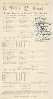 CROSS ARROWS V LONDON FIRE SERVICE 1941 CRICKET SCORECARD (FULLY SIGNED BY CROSS ARROWS)