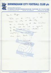 TERRY COOPER HANDWRITTEN LETTER - RELATING TO BIRMINGHAM CITY AND EXETER CITY