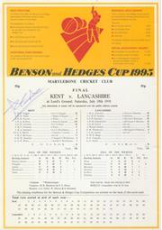 KENT V LANCASHIRE 1995 BENSON & HEDGES CUP FINAL CRICKET SCORECARD - SIGNED BY ARAVINDA