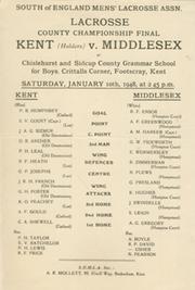 KENT V MIDDLESEX (COUNTY CHAMPIONSHIP FINAL) 1948 LACROSSE PROGRAMME