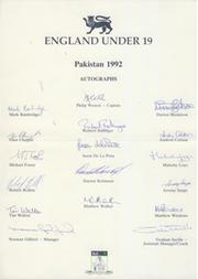 ENGLAND UNDER 19 1992 SIGNED CRICKET TEAM SHEET