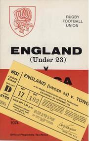 ENGLAND U23 V TONGA 1974 RUGBY PROGRAMME & TICKET
