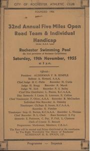ATHLETICS PROGRAMME - 32ND ANNUAL FIVE MILES OPEN ROAD TEAM & INDIVIDUAL HANDICAP, ROCHESTER, 1955 (WON BY GEORGE KNIGHT)
