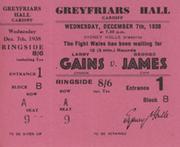 LARRY GAINS V GEORGE JAMES 1938 BOXING TICKET 