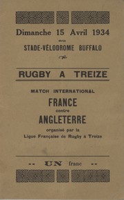 FRANCE V ENGLAND 1934 RUGBY LEAGUE PROGRAMME ( FRANCE