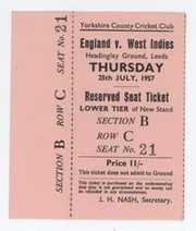 ENGLAND V WEST INDIES 1957 (HEADINGLEY) CRICKET TICKET