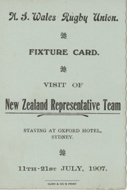 NEW ZEALAND RUGBY TOUR TO NEW SOUTH WALES 1907 FIXTURE CARD