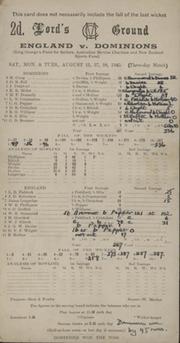 ENGLAND V DOMINIONS 1945 CRICKET SCORECARD