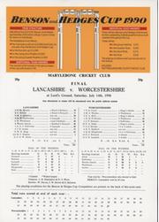 LANCASHIRE V WORCESTERSHIRE 1990 (BENSON AND HEDGES FINAL) CRICKET SCORECARD