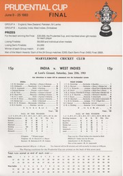 INDIA V WEST INDIES 1983 (LORDS - WORLD CUP FINAL) CRICKET SCORECARD