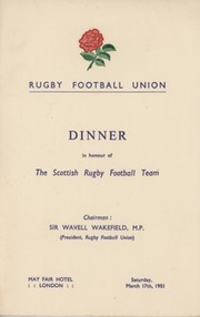 ENGLAND V SCOTLAND 1951 RUGBY DINNER MENU