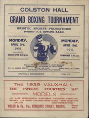 KID TANNER V KEN BARRETT 1939 (BRISTOL) BOXING PROGRAMME