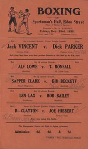 JACK VINCENT V DICK PARKER (SHEFFIELD) 1932 BOXING FLYER POSTER