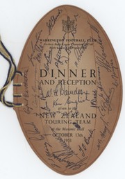 NEW ZEALAND 1951 SIGNED RUGBY LEAGUE DINNER MENU (+ WARRINGTON TEAM)