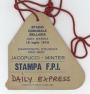 ANGELO JACOPUCCI V ALAN MINTER 1978 (BELLARIA, ITALY) BOXING PRESS PASS