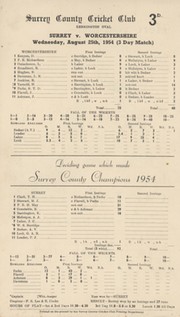 SURREY V WORCESTERSHIRE 1954 (LOWEST AGGREGATE TOTAL OF 65) CRICKET SCORECARD - SURREY CONFIRMED AS CHAMPIONS