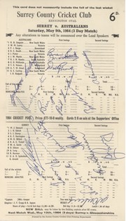 SURREY V AUSTRALIA 1964 CRICKET SCORECARD - SIGNED BY AUSTRALIA